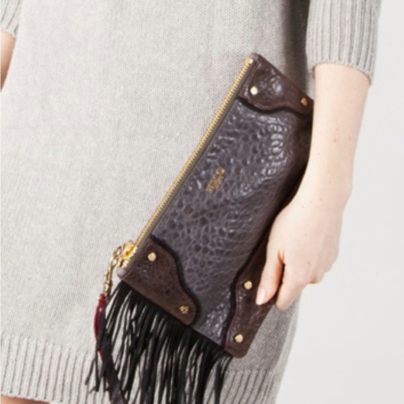 Mz Wallace Brown Black Clutch Bag with Fringe western style purse suede leather - Picture 2 of 14